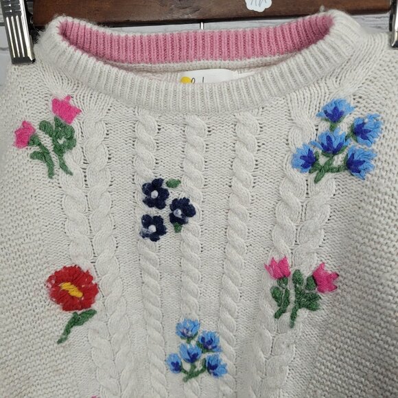 Boden Beige Wool Cotton Blend Embroidered Flowers Cable Knit Sweater Girls 6-7Y - Picture 5 of 12